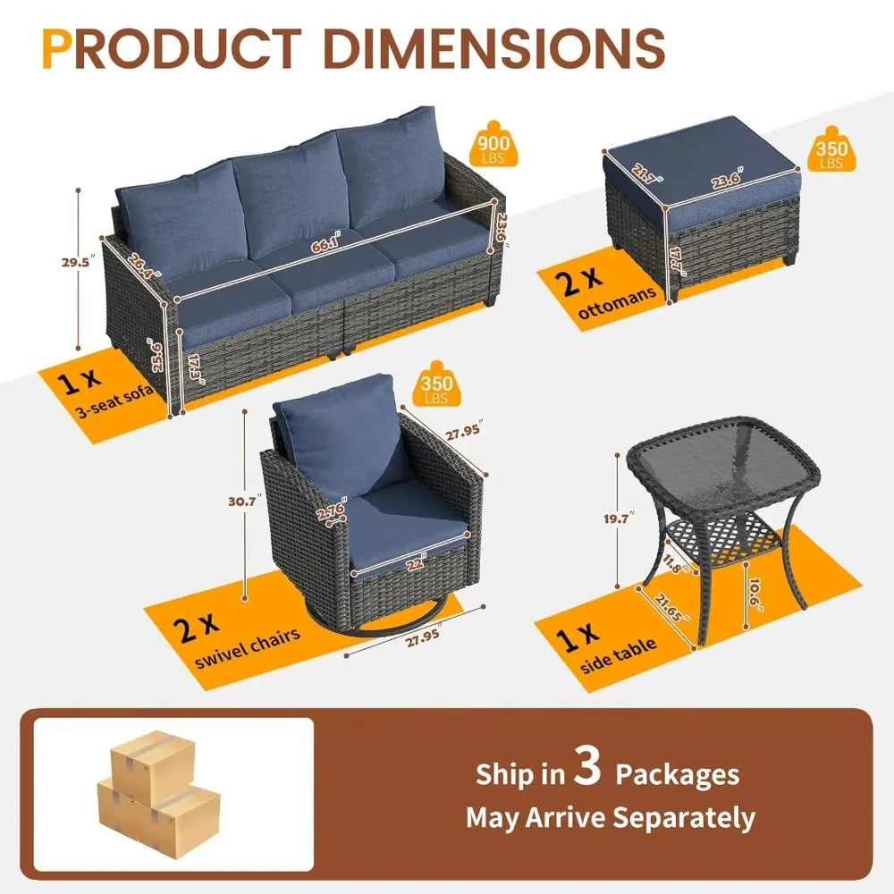 Patio Furniture Set, 6 Pieces Sectional Couch with Swivel Rocking Chair