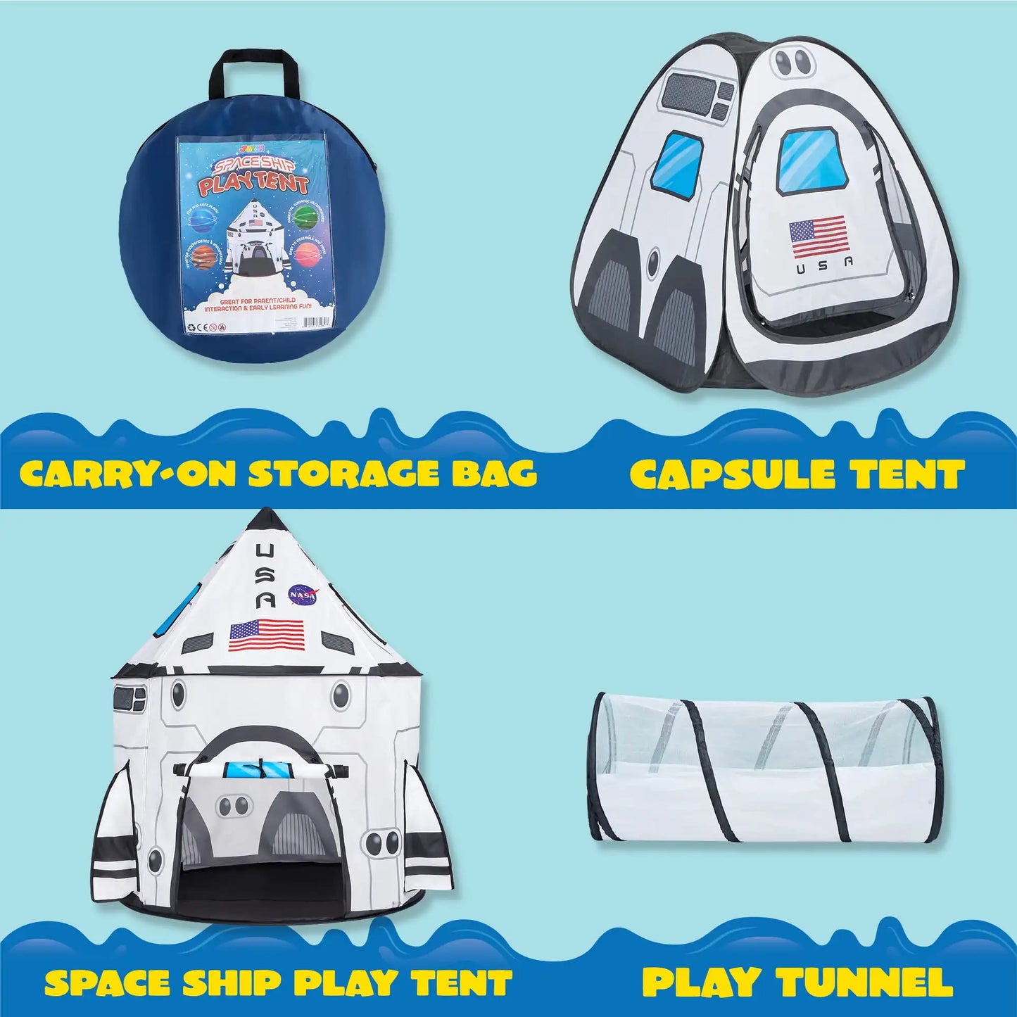 Joyfy Rocket Ship Play Tents Set Pop up Play house with Tunnel