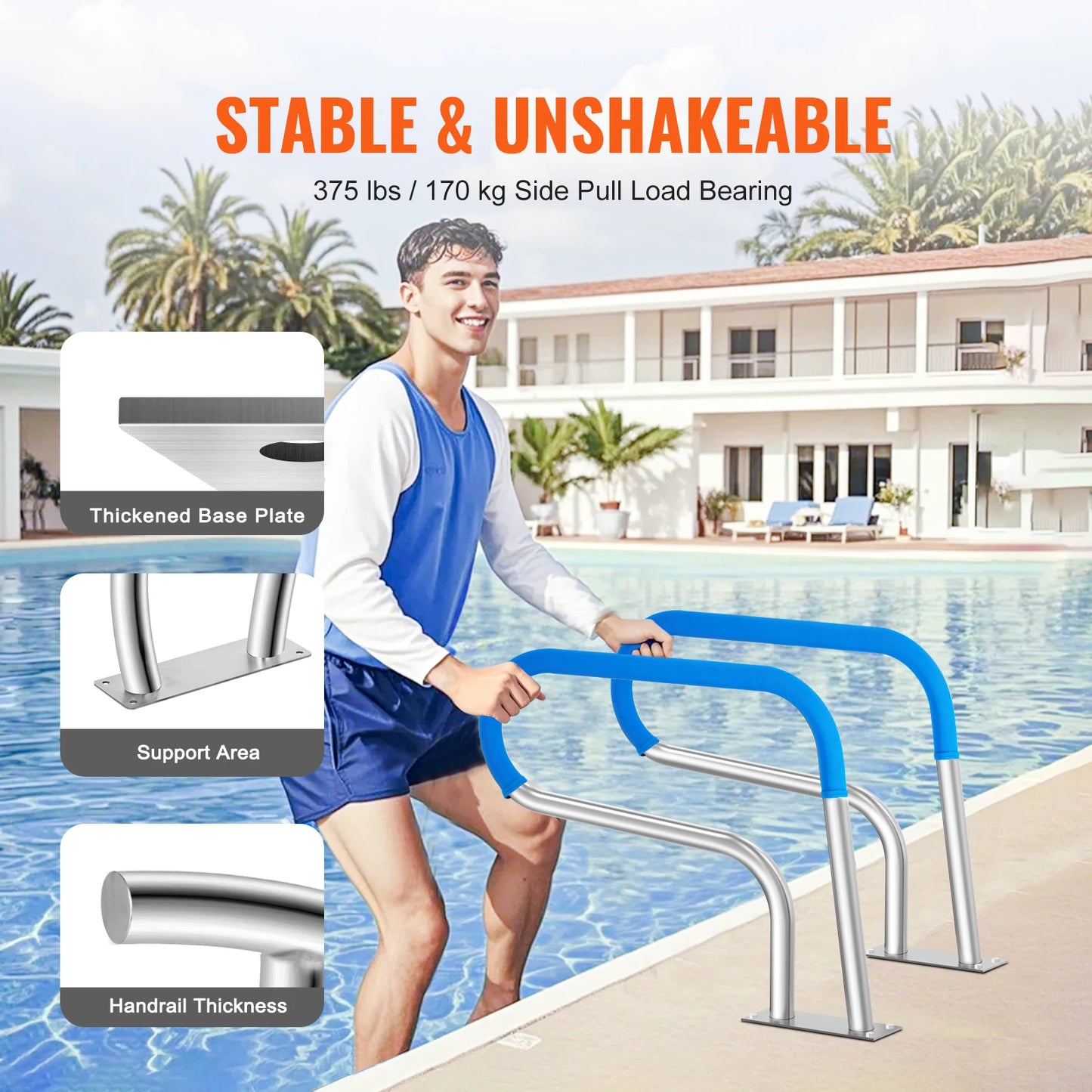 Pool Handrail Stainless Steel with Base Plate for Indoor/Outdoor w/ Grip Cover for Decks