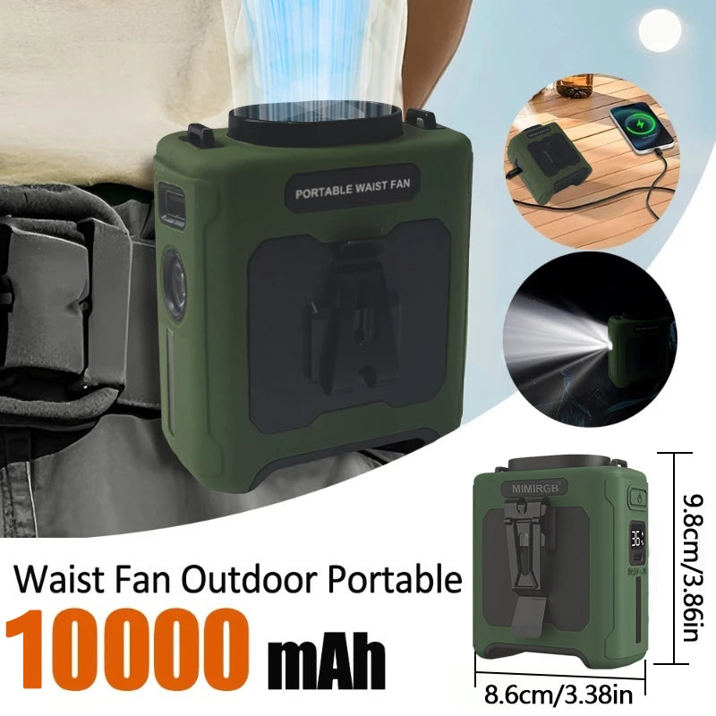 10000mAh Portable Neck Fan Cooling Rechargeable Hands-free Waist Clip Fan with Flashlight