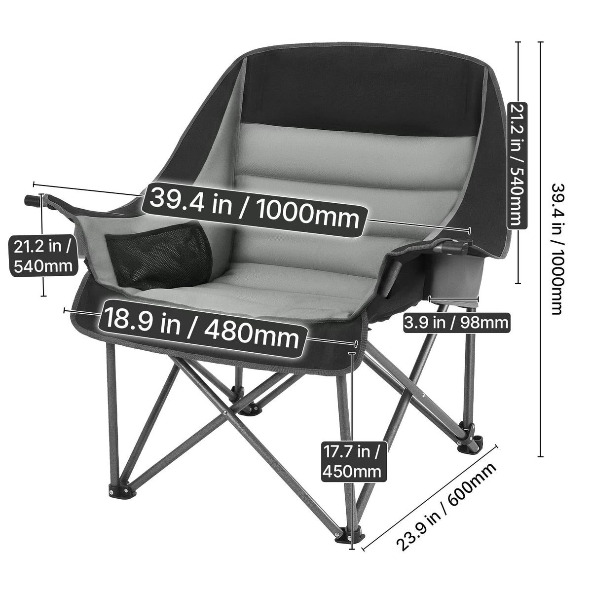 SucceBuy Oversized Padded Camping Chair with Cup & Wine Glass Holders