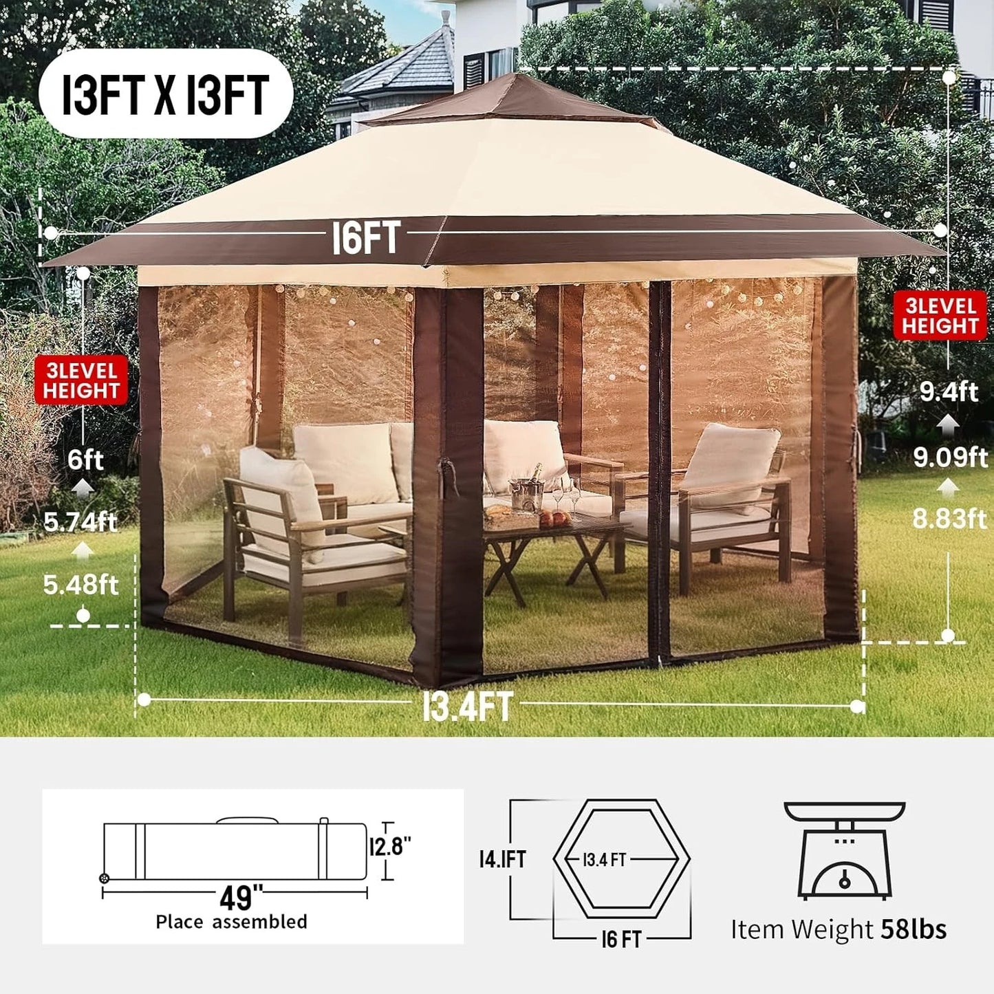 13x13 Portable Pop-Up Gazebo Tent with Mosquito Netting