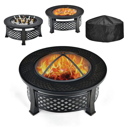 32" 3-in-1 Metal Fire Pit Outdoor Wood Burning Fire Bowl with Cover