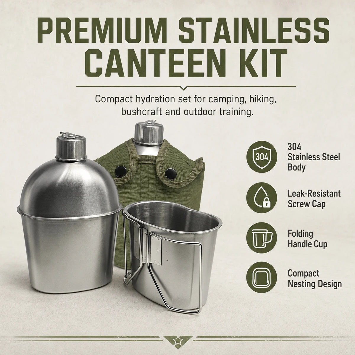 1L Tactical Water Canteen with Carrying Pouch – Outdoor Camping & Hiking Bottle