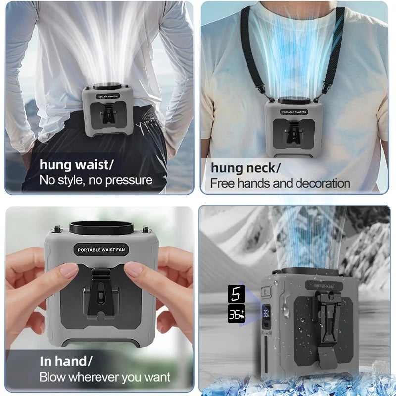 10000mAh Portable Neck Fan Cooling Rechargeable Hands-free Waist Clip Fan with Flashlight