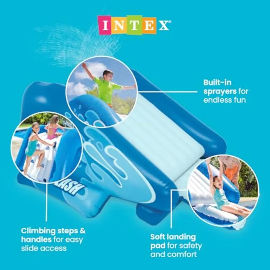 Inflatable water slide pool play center for outdoor use, PVC material, blue color, built-in sprayers for kids and adults aged 6