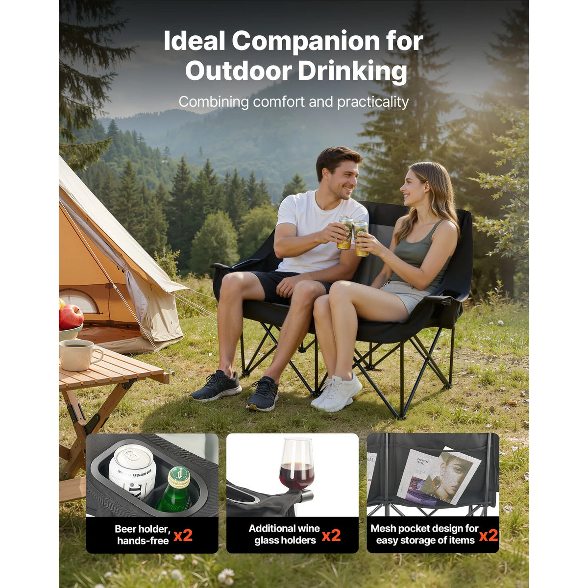 SucceBuy Double Camping Chair – 660 lb Padded Loveseat with Drink Holders