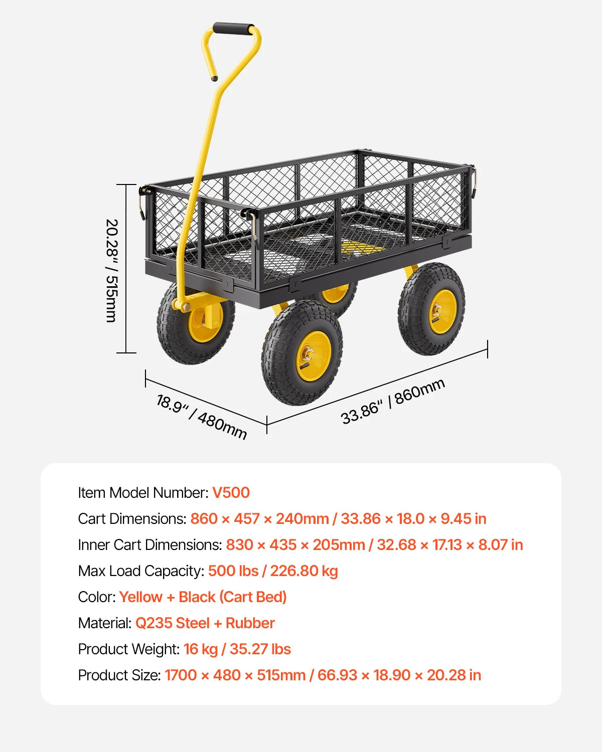Steel Garden Cart W/ All TerrainTires Mesh Removable Sides and Rotating Handle