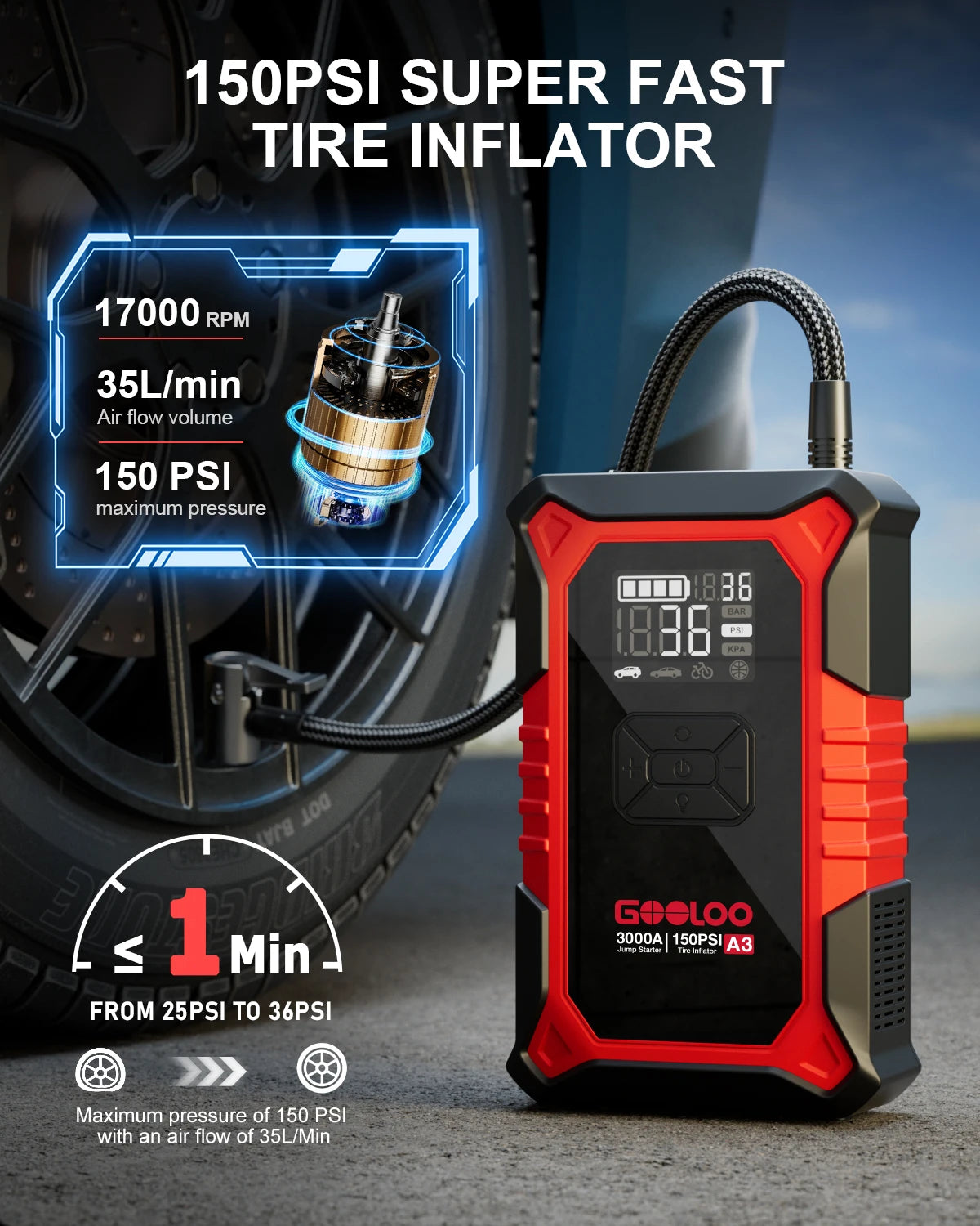 GOOLOO A3 3000A Jump Starter with 150 PSI Air Compressor