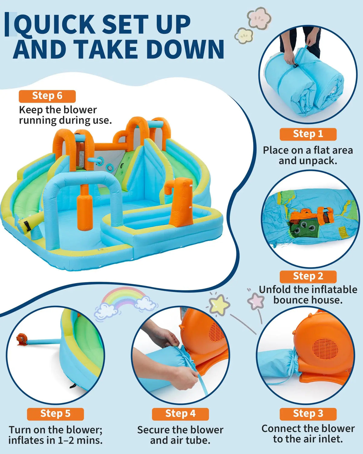 HiMiss 10-in-1 Inflatable Bounce House & Water Slide with 550W Blower