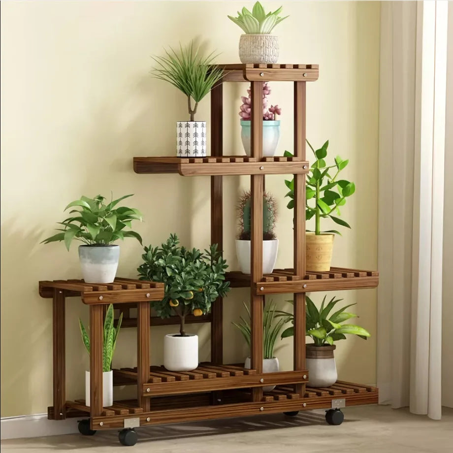 Multi-Layer Wood Plant Stand Rack with Wheels