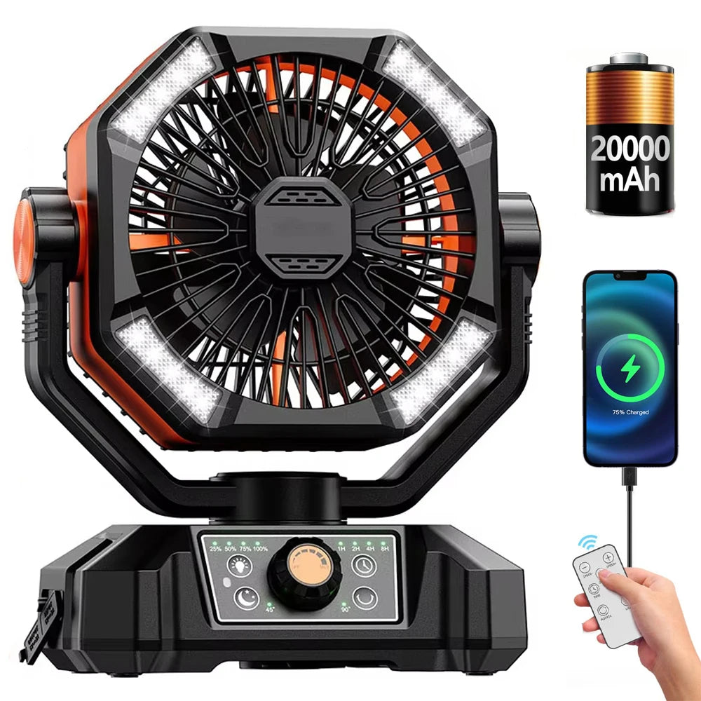 Camping Fan with Dual Motor 20000mAh Rechargeable Clip Fan with Digital Display with LED Lantern for Camping Outdoor Fan