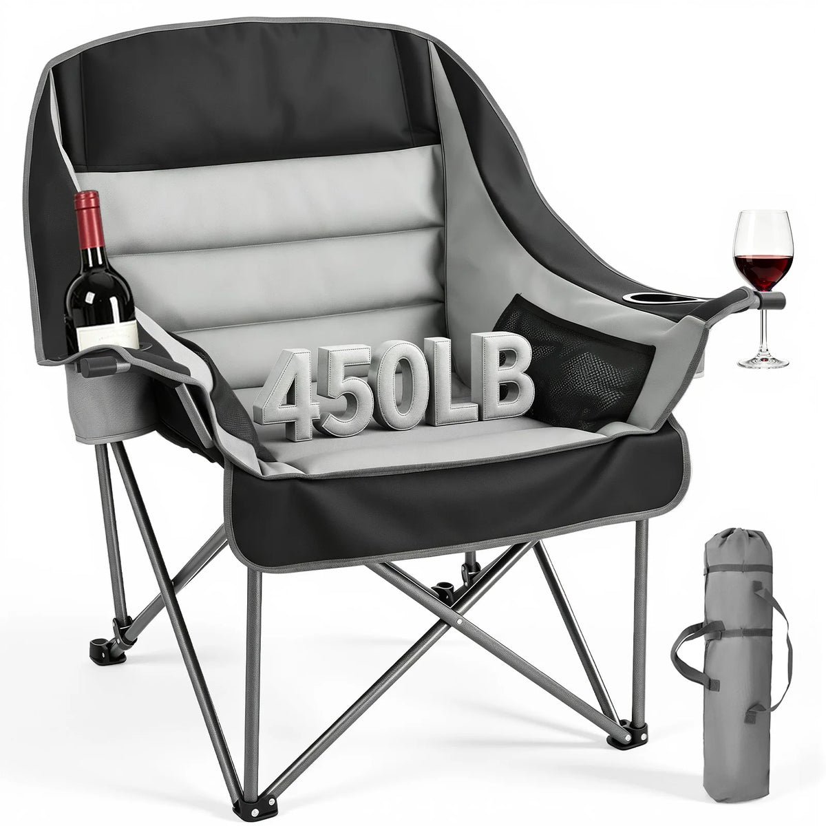 SucceBuy Oversized Padded Camping Chair with Cup & Wine Glass Holders