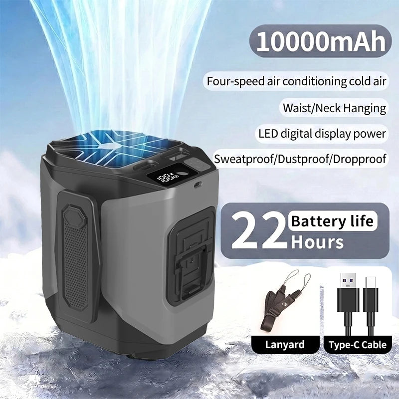10000mAh Portable Neck Fan Cooling Rechargeable Hands-free Waist Clip Fan with Flashlight