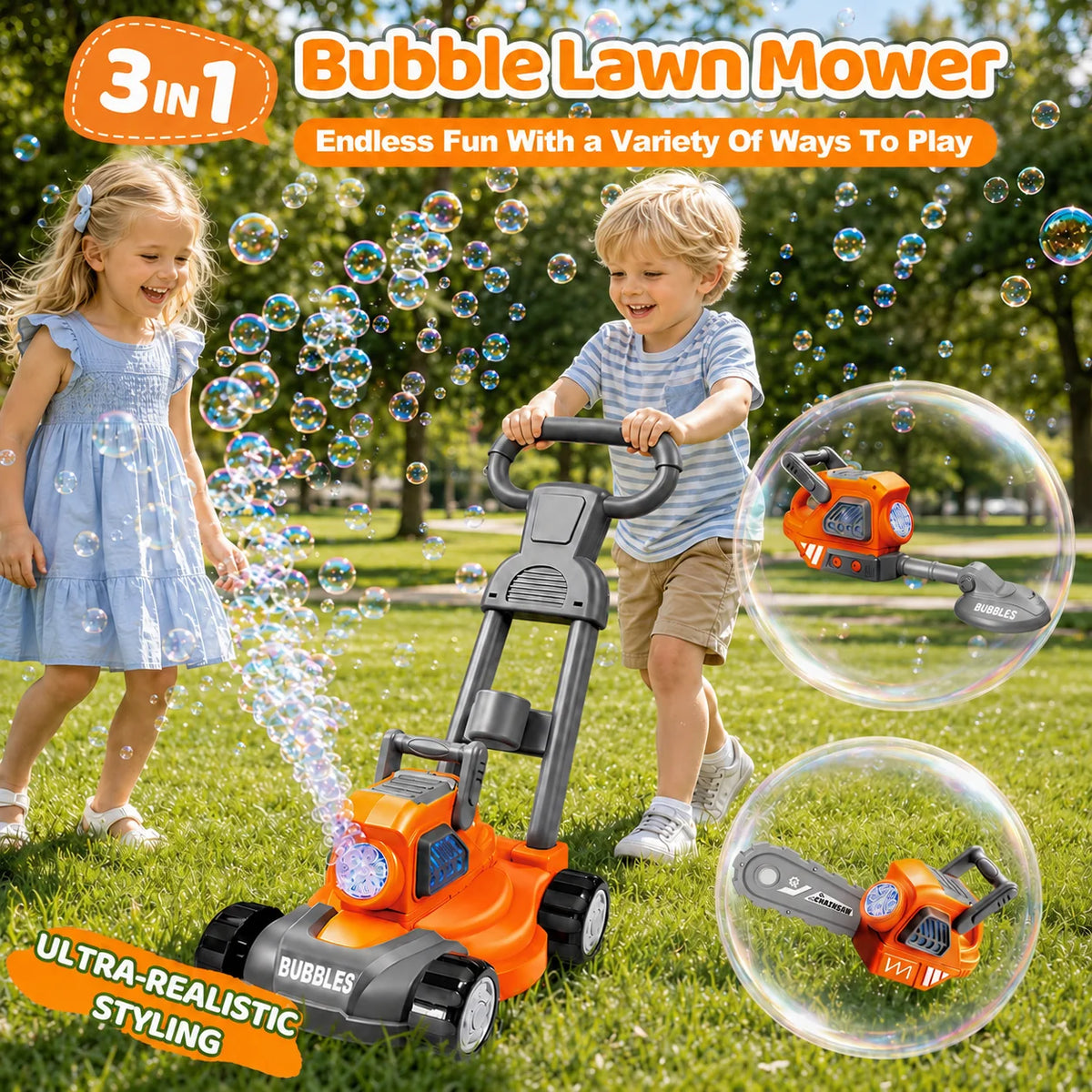 Hotfree 3-in-1 Bubble Lawn Mower for Kids with 10 Bubble Solutions