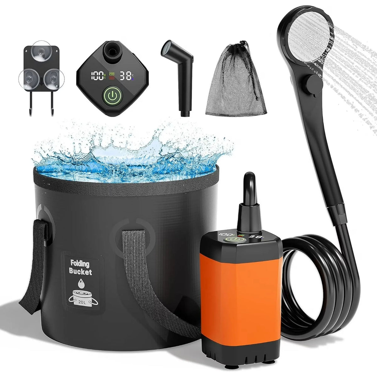 6000mAh Rechargeable Portable Camping Shower with 5-Gallon Bucket