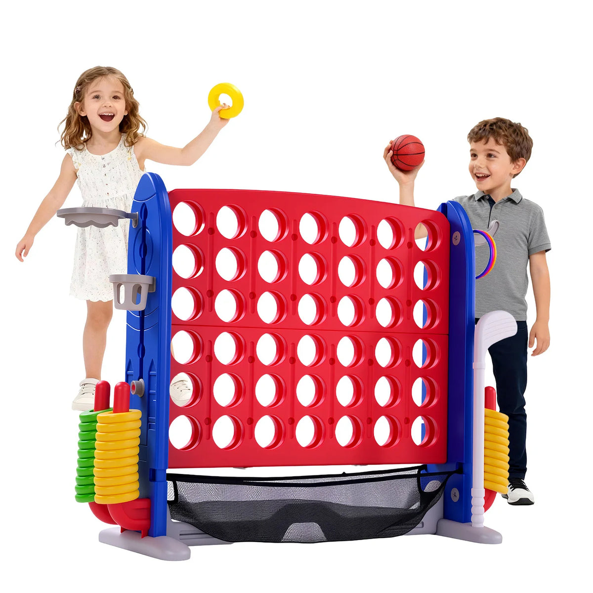 4-in-1 Giant Connect Four Yard Game Set with Basketball, Ring Toss & Net