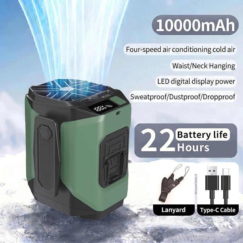10000mAh Portable Neck Fan Cooling Rechargeable Hands-free Waist Clip Fan with Flashlight